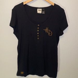 Harley-Davidson Black Short Sleeve Henley Tee with Gold Logo